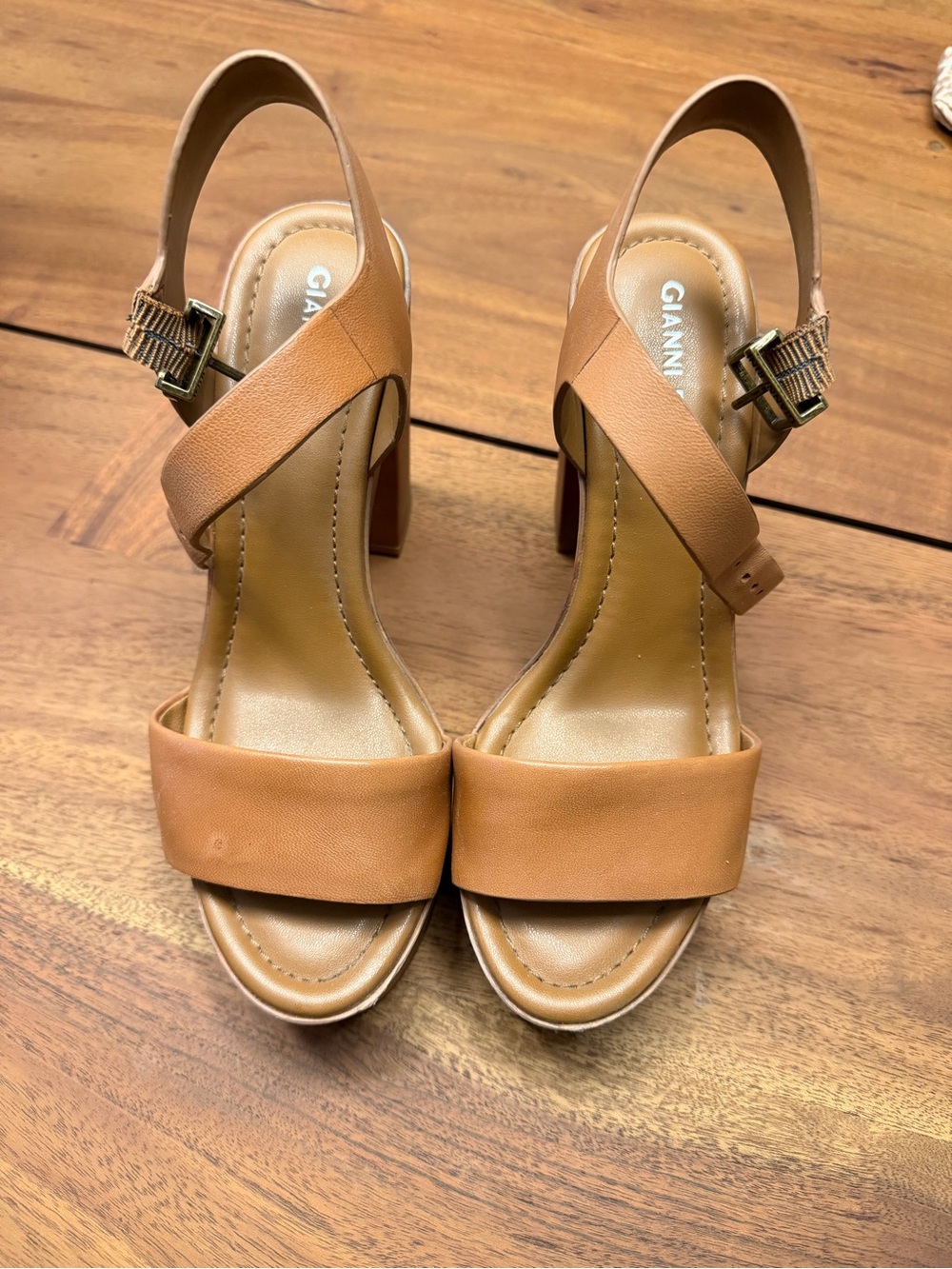 Gianni Bini Cognac Tan Leather Crisscross Block Heel Sandals